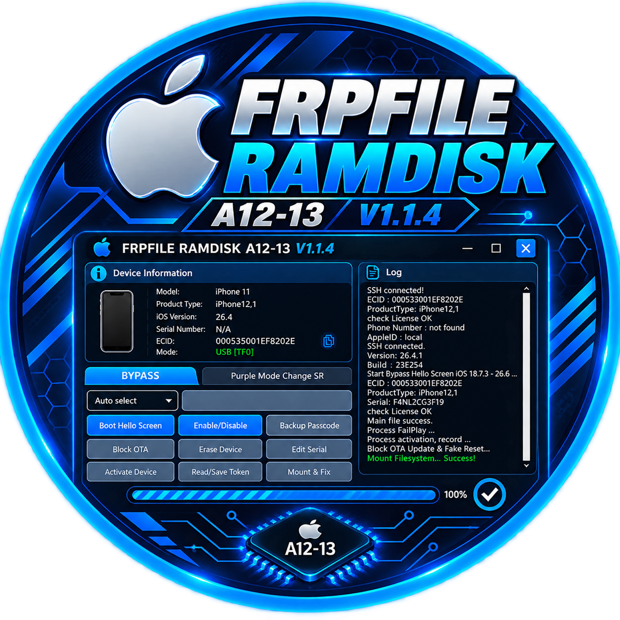 FRPFILE Ramdisk for A13 Bypass Passcode, iPhone 11, 11 Pro, 11 Pro Max - com rede (Necessário placa de desenvolvimento RP2350)